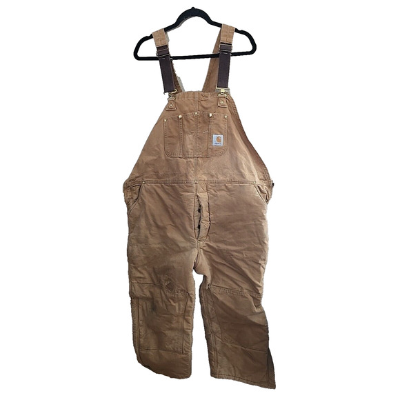 VTG Carhartt Brown Canvas Double Knee One Piece Insulated Bib Overalls Mens 46 - Picture 1 of 6